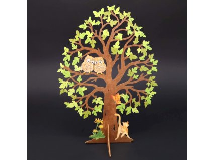 Wooden 3D tree with owls, colored, height 28 cm