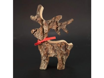 Wooden deer with bark, solid wood, height 8 cm