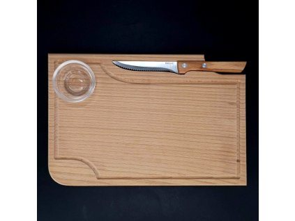 Wooden steak board with knife and bowl, solid wood, 30x20x1.5 cm