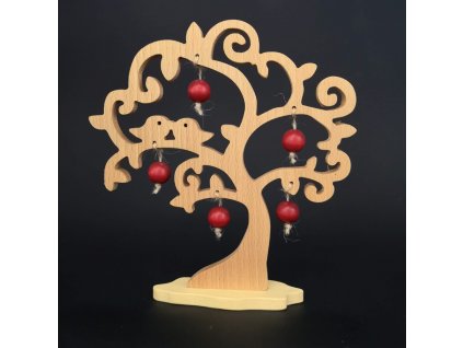 Wooden 3D tree with birds and red apples, solid wood, height 20 cm