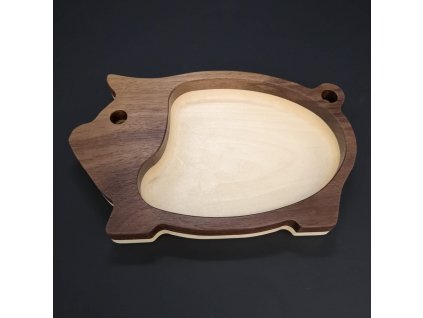 Dřevěná miska mozaika ve tvaru prasete, masivní dřevo, 2 druhy dřevin, rozměr 20x12,50x2,50 cm