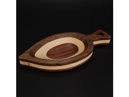 Dřevěná miska mozaika ve tvaru listu, masivní dřevo, 3 druhy dřevin, rozměr 22x10,50x2,50 cm