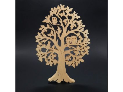 Wooden tree with owls and a cat, solid wood, height 28 cm