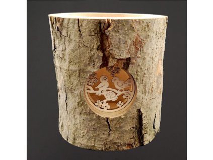 Bark log candlestick with insert - birds 12 cm