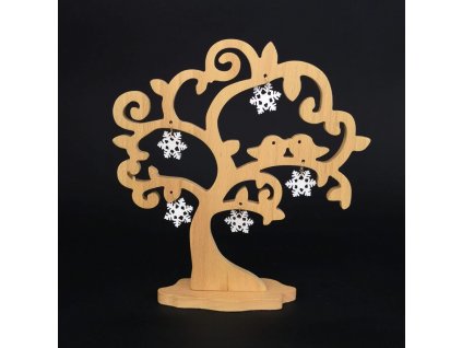 Wooden 3D tree with birds and snowflakes, solid wood, height 20 cm