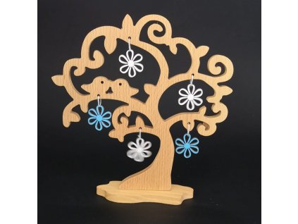 Wooden 3D tree with birds and colorful flowers, solid wood, height 20 cm