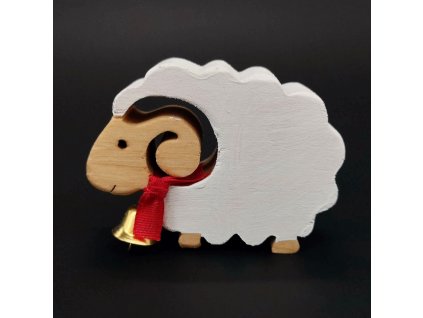 Wooden decoration white sheep with bell 6 cm