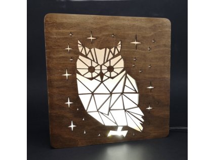 Dřevěná lampička s motivem sovy, velikost 20 cm, s LED osvětlením s trafem na 12V