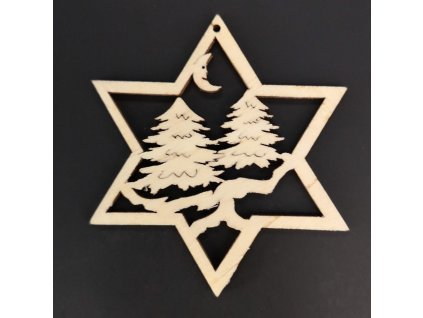 Wooden decoration star with trees 6 cm