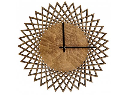 Dřevěné hodiny nástěnné ve tvaru slunce tmavé, masivní dřevo, průměr 30 cm