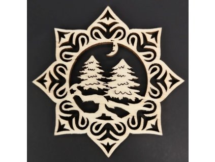 Drevená ozdoba hviezda so stromami 6 cm