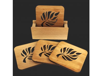 Dining set - coaster stand and four coasters in the same motif made of solid wood