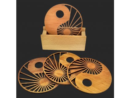 Dining set - coaster stand and four coasters in the same motif made of solid wood