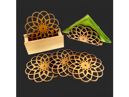 Set for dining - a coaster stand, four matching coasters and a napkin with the same motif