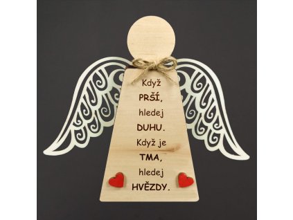 Standing wooden angel with wings and motivational text, solid wood, 18 x 15 cm