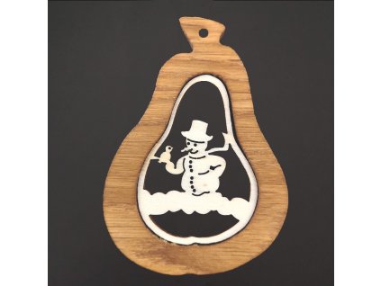 Solid wood ornament with insert - pear with snowman 9 cm