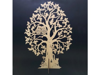 Wooden 3D tree with owls, natural, height 60 cm