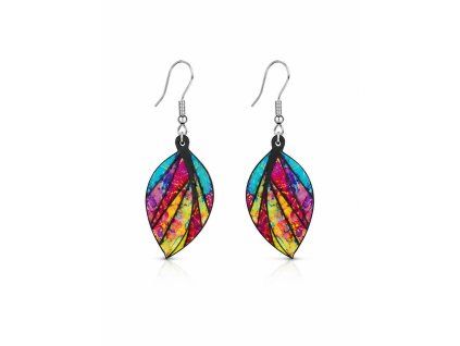 Wooden earrings leaf - patterned rainbow, 3 cm, Czech product