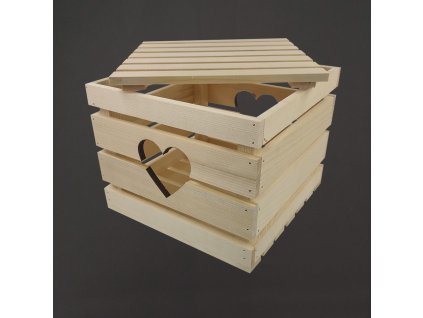 Wooden gift box with a heart with a lid, solid spruce wood, 27x27x22 cm (length/width/height)