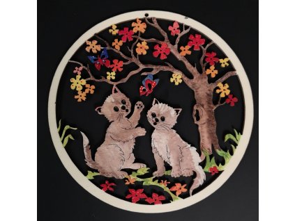 Wooden decoration colored cats in a wheel 19 cm