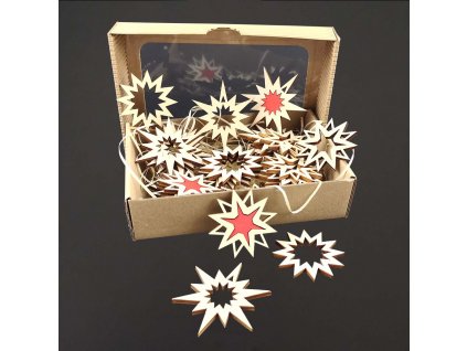 Holzornamente – Set mit 25 Holzornamenten – Sterne Größe 6 und 8 cm, tschechisches Produkt