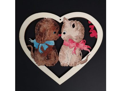 Holzdekoration farbige Herzen mit einer Katze und einem Hund 17 cm
