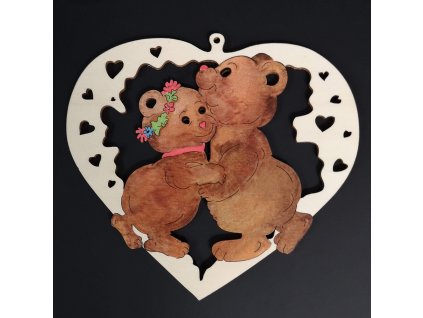 Wooden decoration colored hearts with teddy bears 15 cm