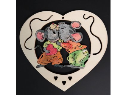 Wooden decoration colored hearts with mice 15 cm