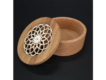 Round wooden box, solid wood with poplar plywood insert in the shape of a mandala, 8x3 cm