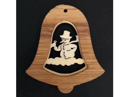 Solid wood ornament with insert - a bell with a snowman 7 cm
