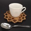 Mandala-shaped wooden saucer with white mug and spoon, solid wood, diameter 12 cm