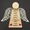 Standing wooden angel with wings and motivational text, solid wood, 18 x 15 cm