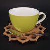 Mandala-shaped wooden saucer with green cup and spoon, solid wood, diameter 15 cm