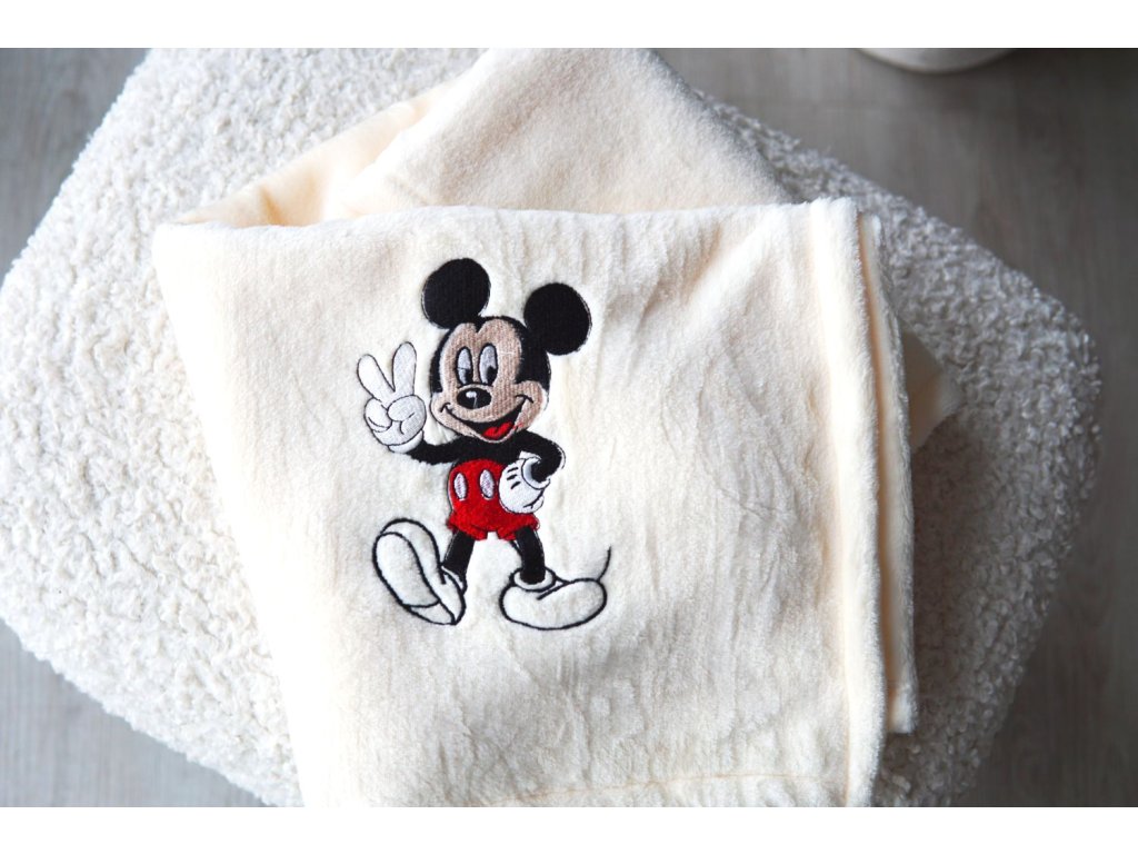 Deka mikroflanel s výšivkou Mickey Mousem, krémová 75x100cm