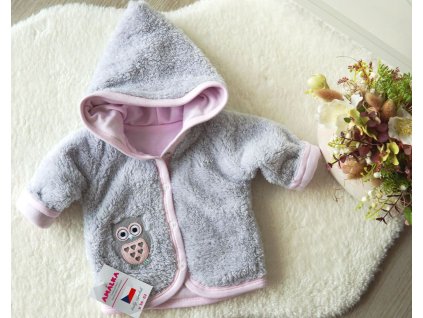 Chlupatý zateplený kabátek šedý, růžová podšívka