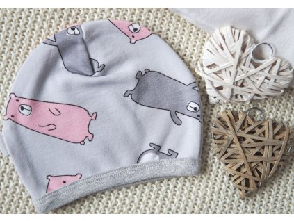 Elastická čepička saporka s medvídky, šedá/růžová