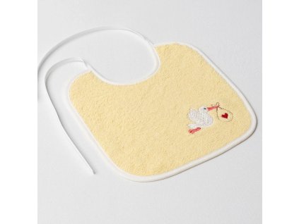 Dětský slintáček Veba žlutá s výšivkou Čapí pošta bílá lemovka