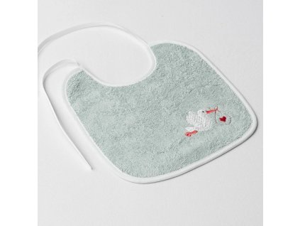 Dětský slintáček Veba zelenošedá s výšivkou Čapí pošta bílá lemovka