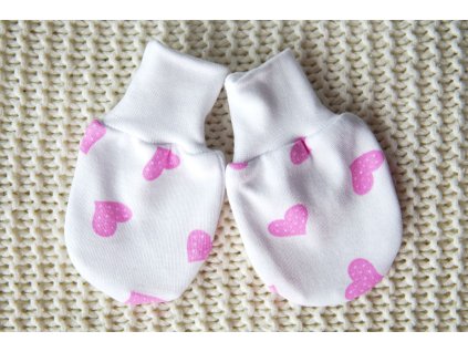 Kojenecké bavlněné rukavičky, růžové srdíčka