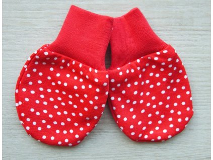 Bavlněné kojenecké rukavičky červené, puntíky