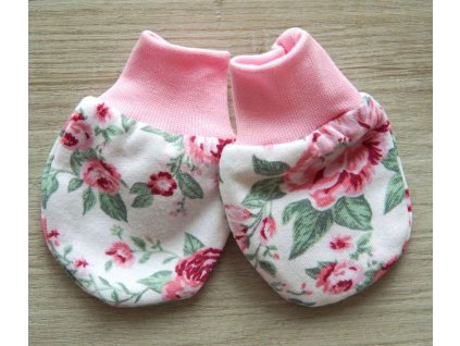 Kojenecké bavlněné rukavičky, růžové květy