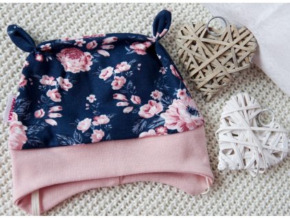 Bavlněná čepička pudrová, tmavě modrá, Květy