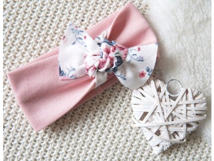 Elastická čelenka pudrově růžová, pentle květy