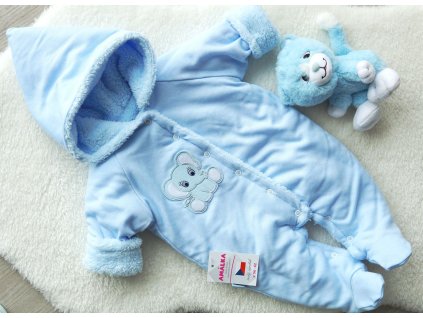 Zateplená modrá kombinéza bavlna + chlupatka, slon