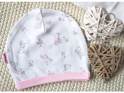 Bavlněná čepička saporka bílá/růžová, medvídci