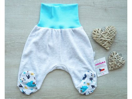 Bavlněné polodupačky šedá s tyrkysovou, zvířátka dino