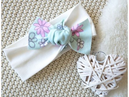 Elastická čelenka smetanová, zelená pentle květinky