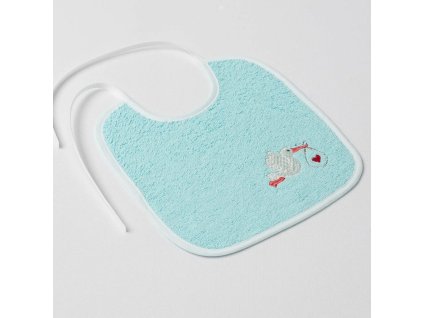 Dětský slintáček Veba mintová s výšivkou Čapí pošta bílá lemovka