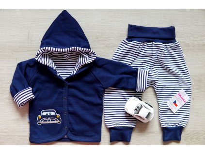 Bavlněná kojenecká souprava tmavě modrá s pruhy, autíčko