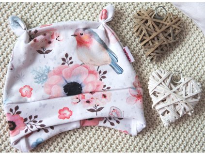 Elastická čepička teplákovina celotisk ptáčci, květy